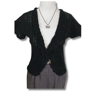 RICKI'S Vintage black short-sleeve scalloped shawl collar v-neck cardigan MEDIUM